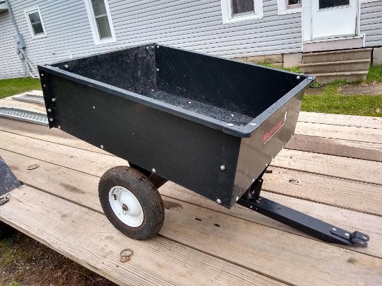 Mustang dumping yard trailer has a 41" x 33" x 13" deep box. Trailer is in overall good condition,