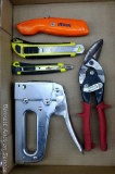 Midwest tin snips; Arrow Fastener model T50P; Irwin utility blade; 2 snap off utility blades.