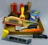 Stanley and other puddy knives, Harrington drywall tool, rasp, paint scrapers, caulk finishing tool,