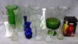 Lots of vases including Hoosier glass and more. Green candy dish is marked 
