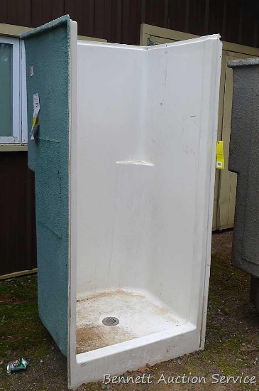 White fiberglass shower stall is approx 35" wide, 34" deep, and 74-1/4" high.