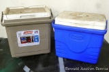 Two Coleman coolers, tan one holds 20 cans or 2 liter bottles standing upright! Both in good