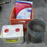 8 qt Magic Worm Farm bait bucket, a couple of minnow traps, and a Wisconsin gazetteer. Minnow traps