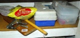 Fishing lures, Plano 3100 tackle box, Magic worm bedding, clear storage box, fish scaler, net, more.