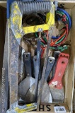 Pro-Grade vintage hack saw and one other; putty knives; bungee straps; hack saw blades; cement