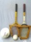 Spalding volleyball, a softball, and a Spalding and MacGregor tennis rackets. Rackets about 27
