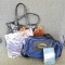 Cabela's bag; Bronze and black purses; child's knit hat. Cabela's bag, 16