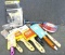 Painting suppllies includes brushes NIP; masking tape NIP; glass & tile scrapers; paint mixer. More.