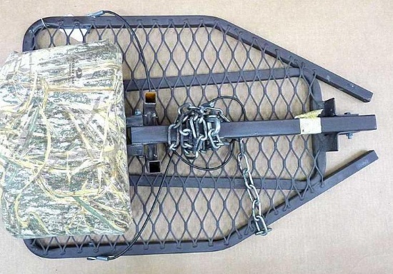 Rivers Edge Hunting Products tree stand has a 20" x 25" grate. Seat is about 22" high; and 10" x