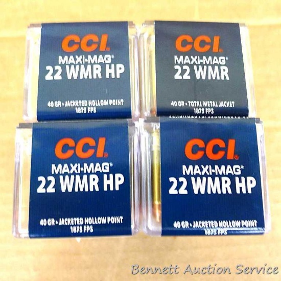 200 rounds of CCI Maxi-Mag .22 WMR, 40 gr. metal jacketed hollow point ammunition.