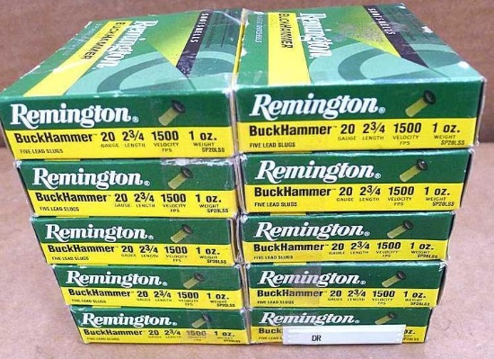 50 Remington BuckHammer 20 ga. 2-3/4", 1 oz., 1500 velocity lead slugs.
