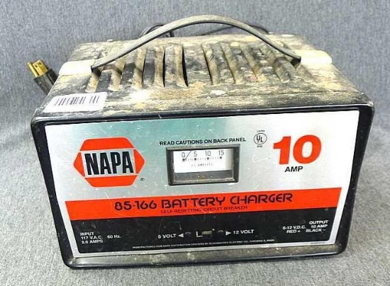 Napa 10 amp battery charger has self-resetting circut breaker. Measures about 10" x 8" x 6" high.