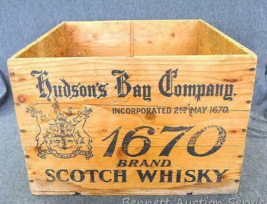 Hudson's Bay Company 1670 Brand Scotch Whiskey crate is about 14" x 13" x 10". Once held 12 bottles,