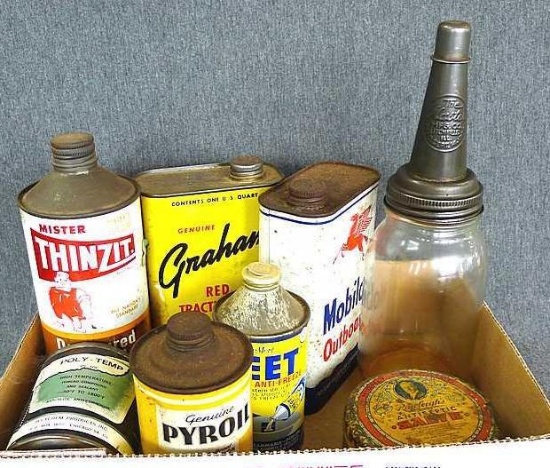 Mobiloil, Grahm, Thinzit, Heet, Rawleigh's Antiseptic Salve, The Master oil bottle and spout and