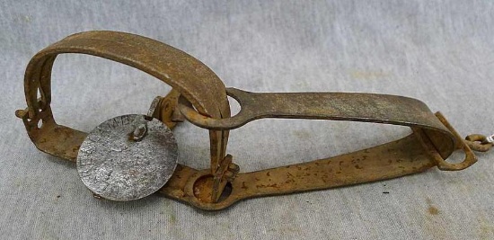 Blake & Lamb No. 1 single long spring trap is about 8" long with a chain about 15" long.
