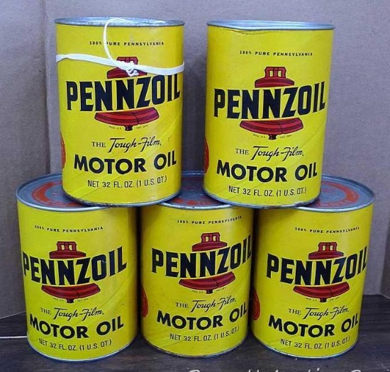 No shipping.  Five Vintage Pennzoil Motor oil can. Is unopened and full.