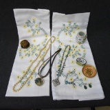 Set of 2 embroidered pillow cases, jewelry and trinket boxes; string of pearls measures 28