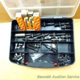 Reloading tools including Lyman shell resizers, assorted dies, more. Organizer tote approx. 13