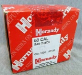 Unopened box of Hornady .50 cal gas check bullets. Quantity of 1,000 pieces, #7150.