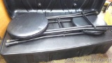 Advertising banner approx. 7' x 12' with aluminum frame, storage box, 2 lights and 2 folding stools.