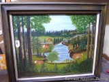 Framed painted canvas depicts elk and is signed by D. Pendell, Measures about 38
