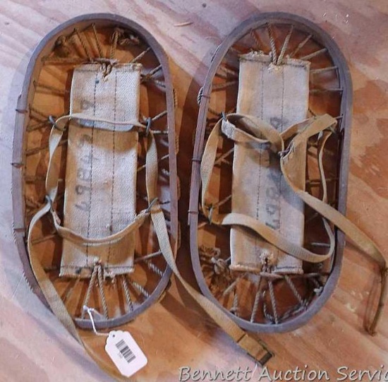 Vintage snowshoes are about 19" x 10"; Seller notes they're trapper snowshoes. Located upstairs,