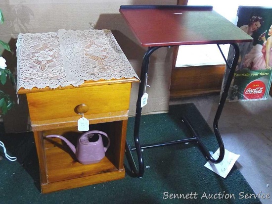 Over the couch lap top desk measures approx.. 28-1/2" x 15" x 19-1/2". Nice bed stand with drawer