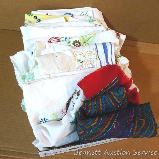 Embroidered towels, pillow cases, dresser scarves, more. Red scarf was made in Italy.