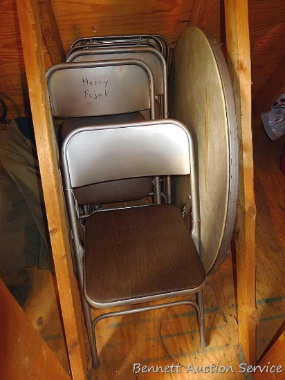 40" wide folding Samsonite card table and six folding chairs. A few tears noted on table top, and