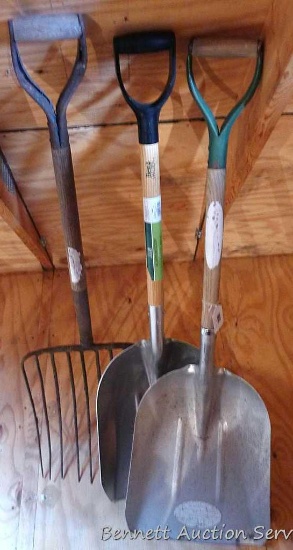 Best Garden and other grain shovels, and a 10 tine manure fork. All around 4' tall. Grain shovels