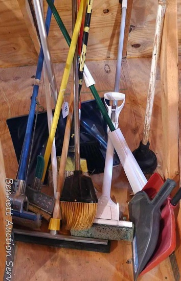 18" wide Bigfoot snow shovel, mops, brooms, plunger, dustpan, more. Tallest around 55". Located