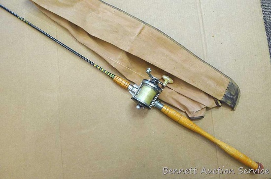 Vintage Musky fishing rod with a 996 Ocean City reel made in Philadelphia. Reel winds and is about