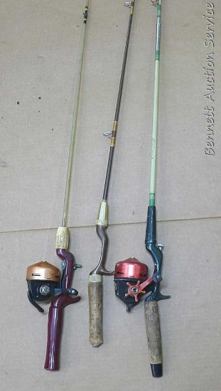 Garcia, Shakespeare, and other one and two-piece fishing rods; two have Garcia reels. Cork handles