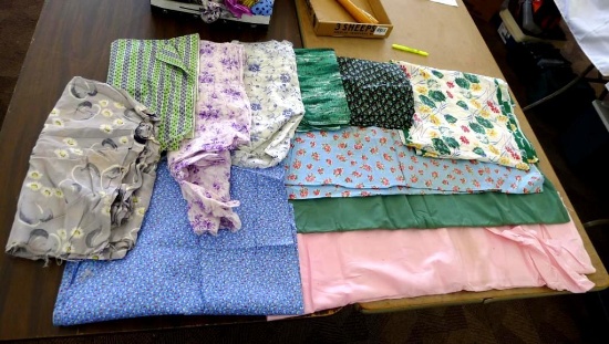 Box of vintage material incl flowered, pink, green, more. Some spots noted, may just wash out. Pink,