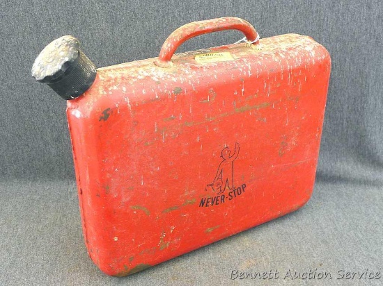 Never-Stop flat gas can is about t12" x 10" x 3" not measuring handle and spout. Easier to store