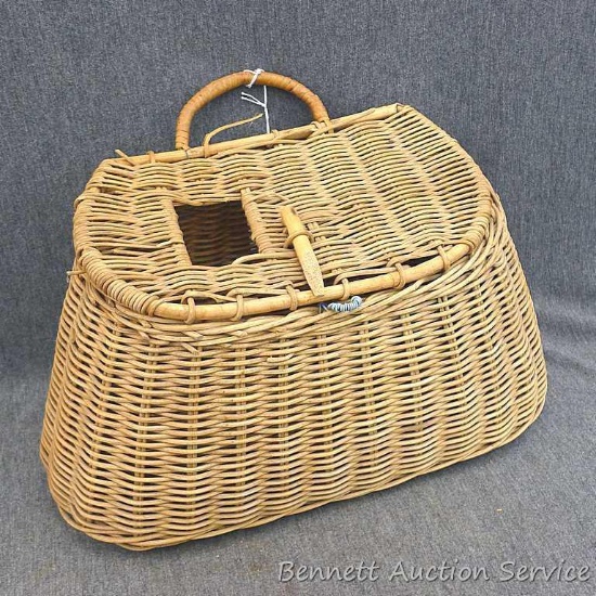 Fishing creel is in fairly good condition and measures about 14" x 6" x 9" over handle.