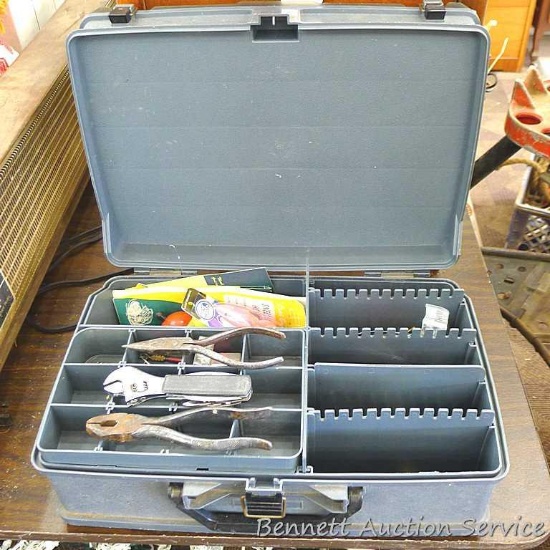 Tackle box with removable compartments filled with various fishing supplies. Split tail beetles,