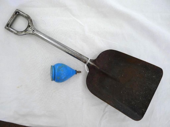 Miniature scoop shovel and vintage top. Shovel measures approx.. 14" x 4-1/2". Top measures approx..