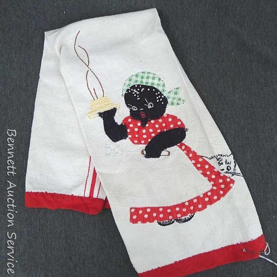 Vintage embroidered and appliqued black americana tea towel. Some stains noted at top.