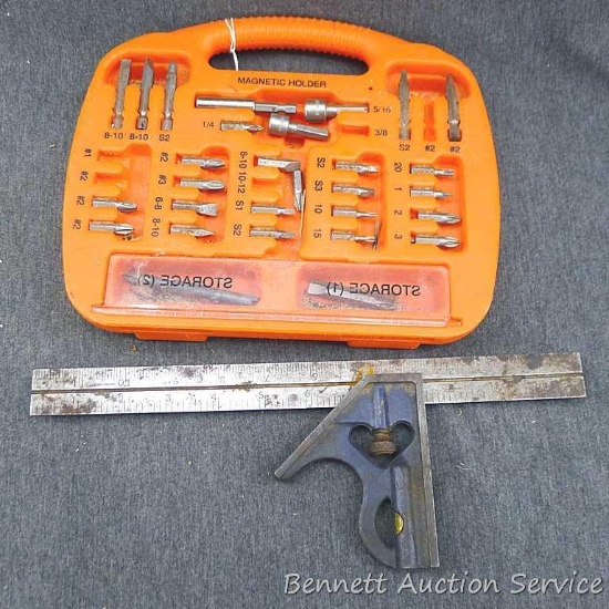 Black and Decker drill bit set which measures approx.. 8" x 10" x 1" plus combination square which