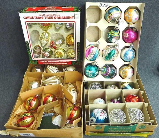 Vintage Christmas bulbs, look to be hand blown and decorated; measuring up to 3" x 3-1/2".