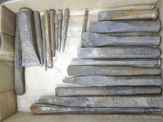 Assortment of cold chisels, punches, rock drill, center punches, spike, and more. Longest chisel