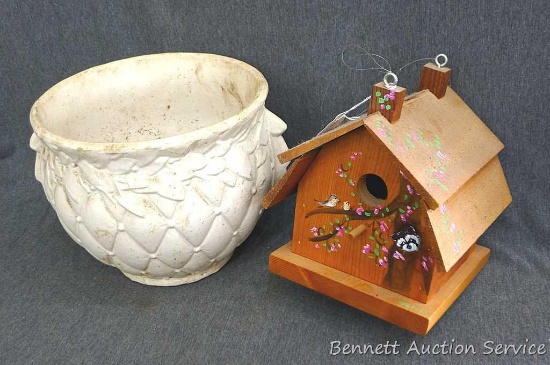 McCoy planter and wooden bird house. Planter measures approx.. 9" x 8". Bird house measures approx..
