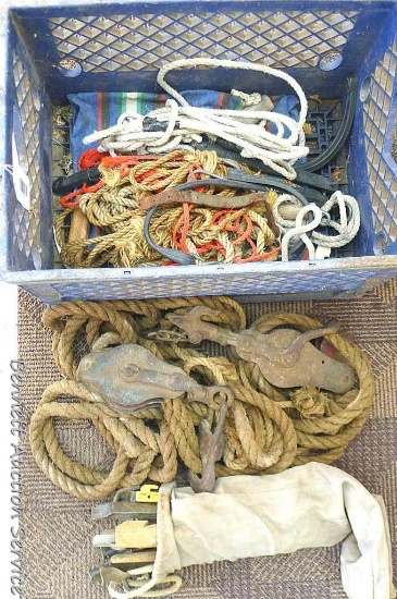 Pulleys and rope system, canvas bag of tent stakes, various rope, and more. Largest pulley measure