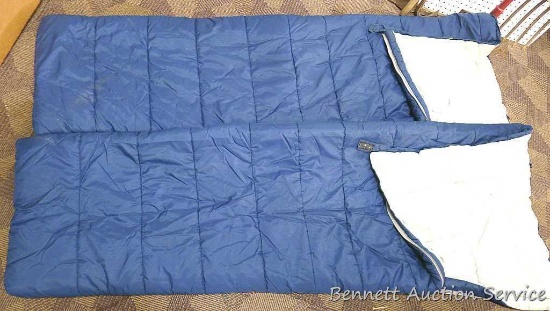 Nice pair of sleeping bags which measure approx.. 76" long, 30" wide on top, and 20" wide on bottom.