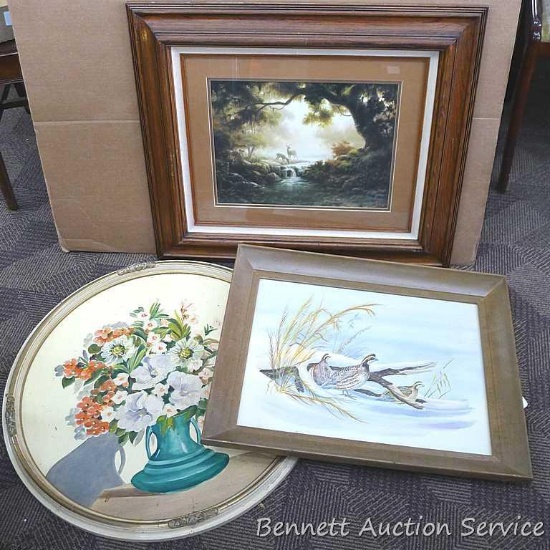 Three different paintings and wall hangings. Circle painting measures approx.. 26" and largest