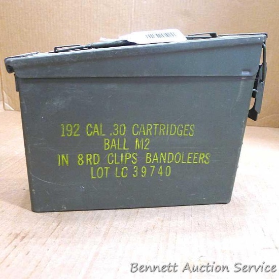 U.A. military ammunition can marked 192 Cal .30 Cartridges, Ball M2, in 8rd Clips Bandoleers.