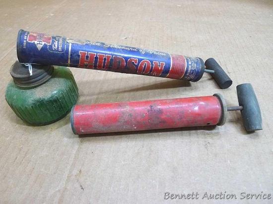 Hudson sprayer with green glass globe, and another sprayer with wooden handle. Hudson about 11" long