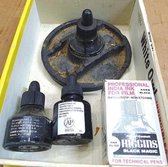 Cast iron inkwell has four pen slots and an old break, possibly from the factory. Will ship without