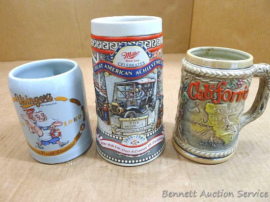 Miller High Life beer stein, Usingers of Milwaukee centennial stein, and a California stein. All